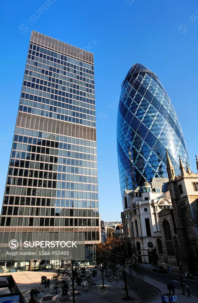 30 St Mary Axe (right) and other buildings, London, UK