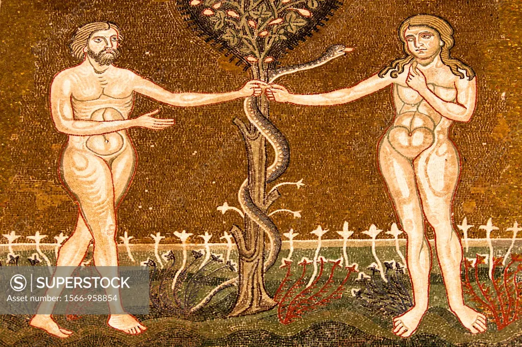Mosaic of Adam and Eve, inside Monreale Cathedral, Monreale, near Palermo, Sicily, Italy