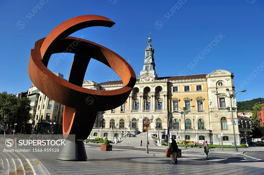 Bilbao City Hall located in the Castaños neighborhood, with sculpture by Jorge Oteiza, The Alternative ovoid, in the foreground
