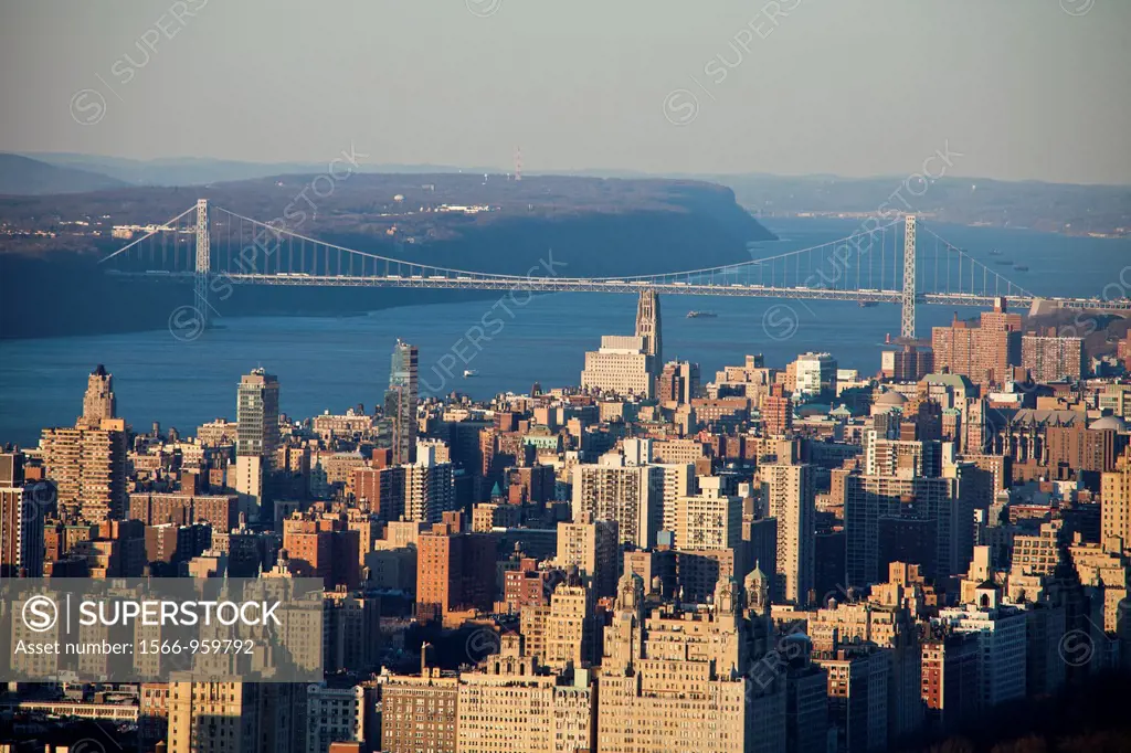 USA, New York City , West Side Manhattan, Hudson river and Washington Bridge