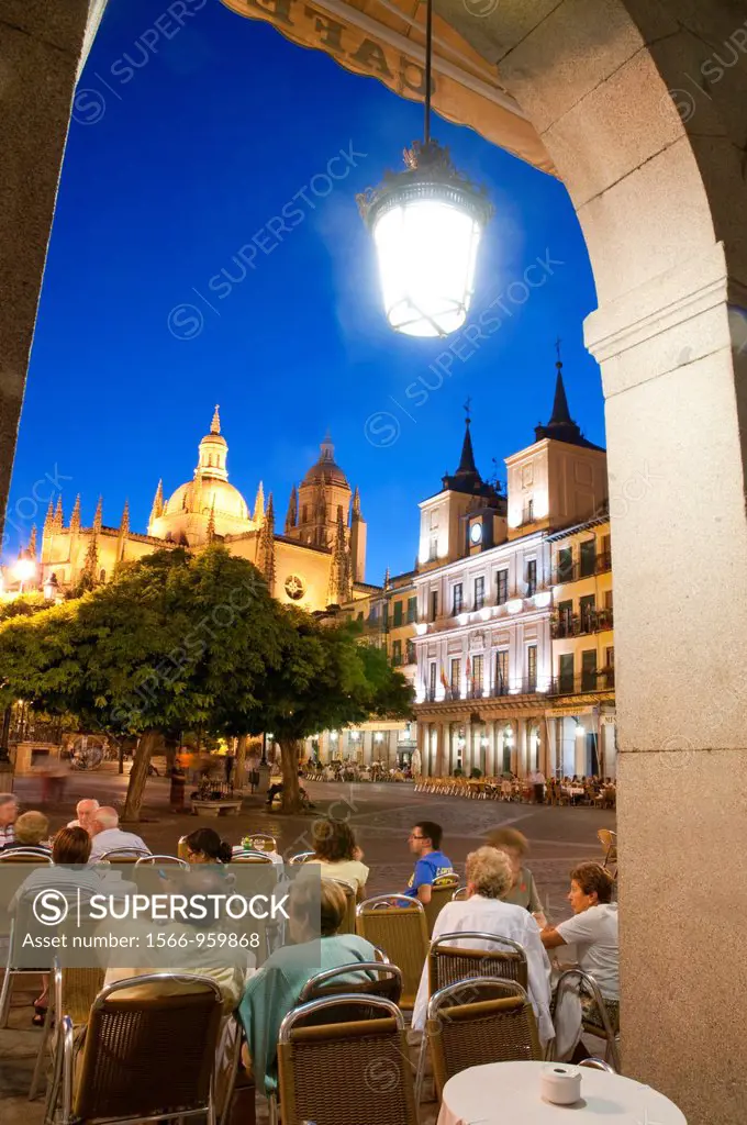 People sitting on terrace at night. Main Square, Segovia, Castilla Leon, Spain.