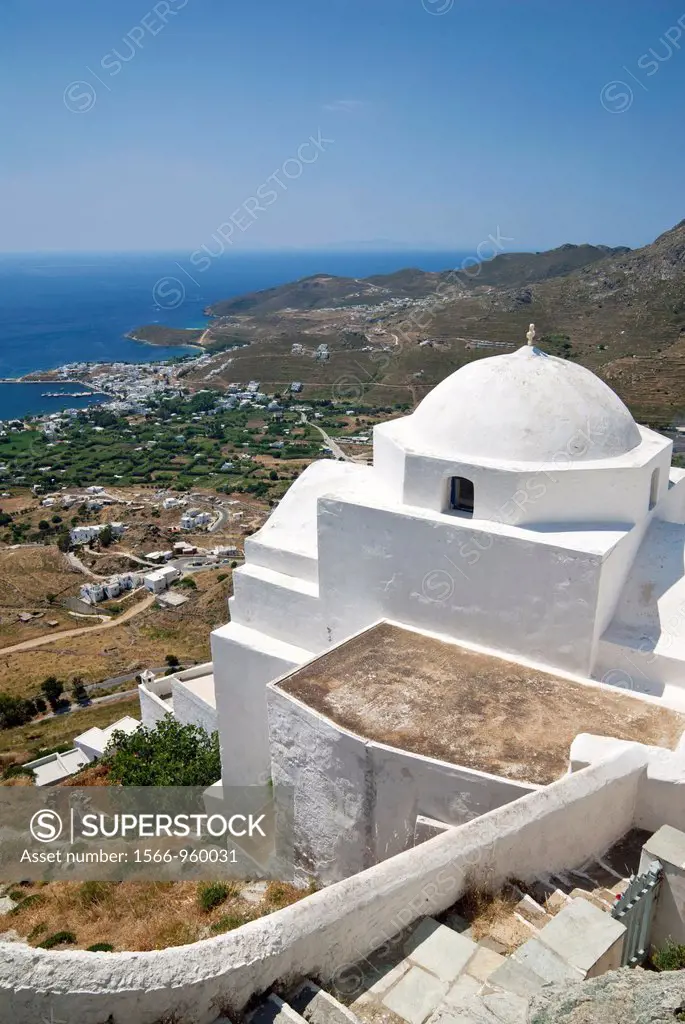 White church overlooks Serifos Island in the Cyclades, Greece