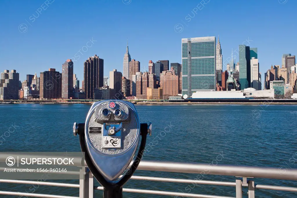 Midtown skyline from Queens, UN building, East River, Manhattan, New York City, USA