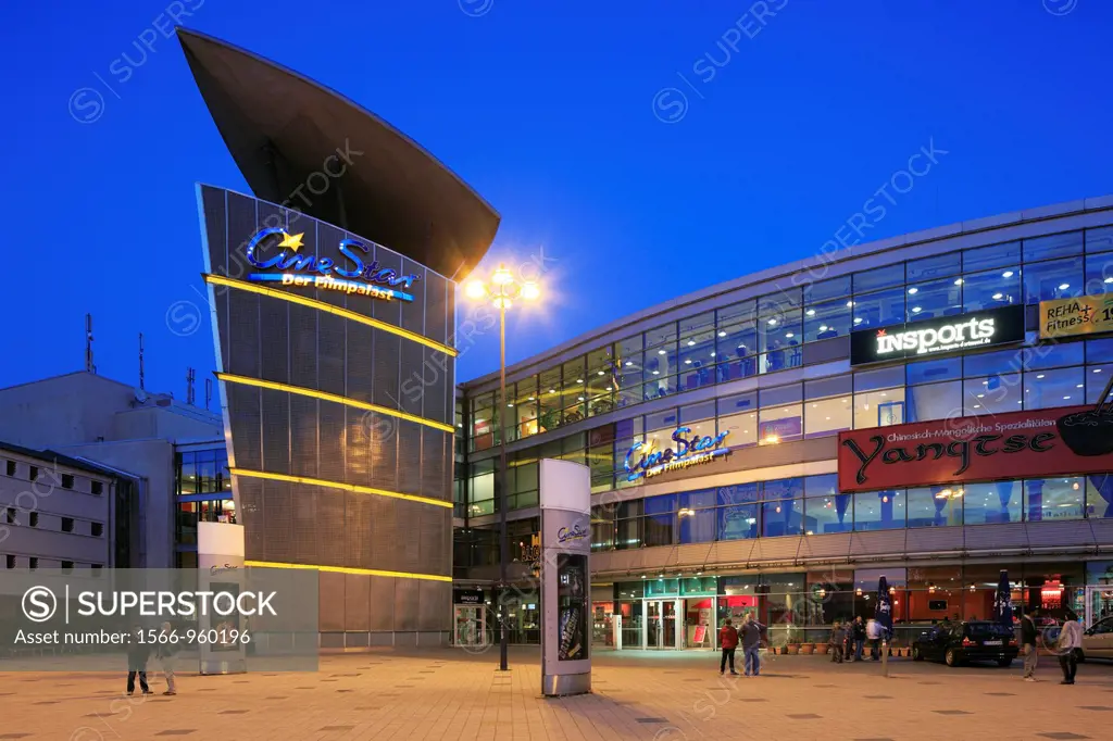 Germany, Dortmund, Ruhr area, Westphalia, North Rhine-Westphalia, NRW, Giant cinema CineStar, evening mood, illuminated