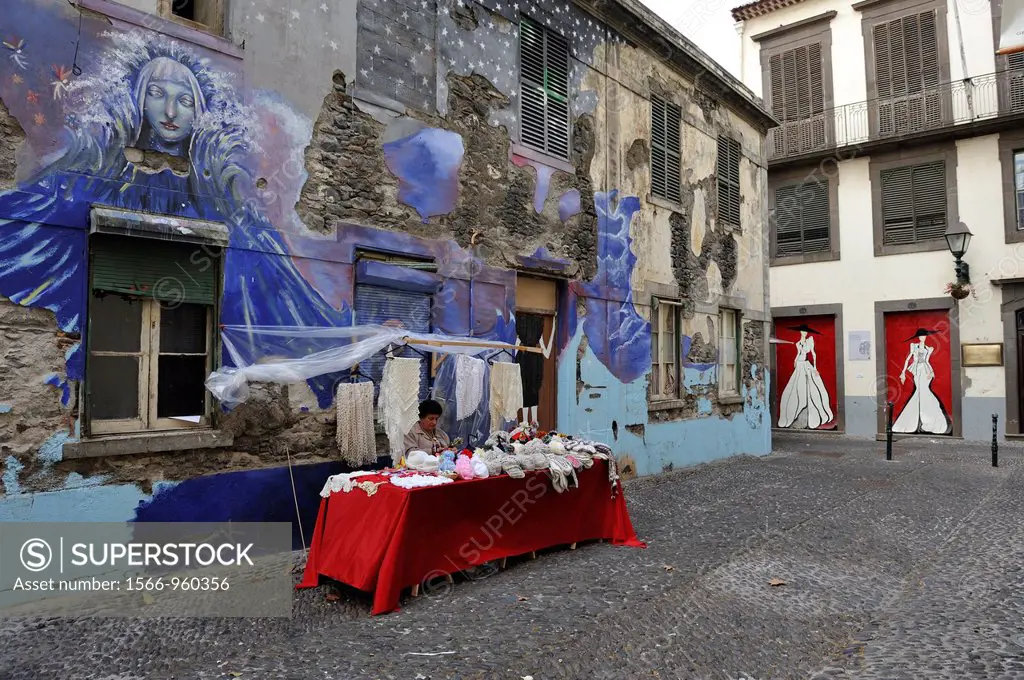 knitting stand in a street of the old town of Funchal, Madeira island, Atlantic Ocean, Portugal