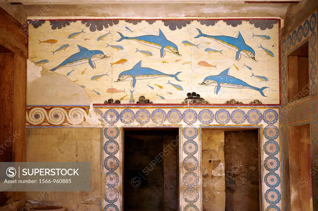 Arthur Evans reconstruction of the Dolphin Frescos, Knossos Minoan archaeological site, Crete