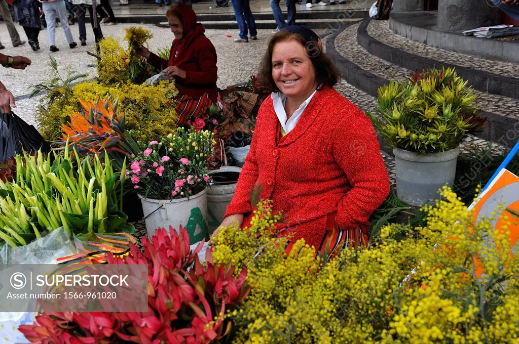 florists in front of the farmers Market Hall, Funchal, Madeira island, Atlantic Ocean, Portugal