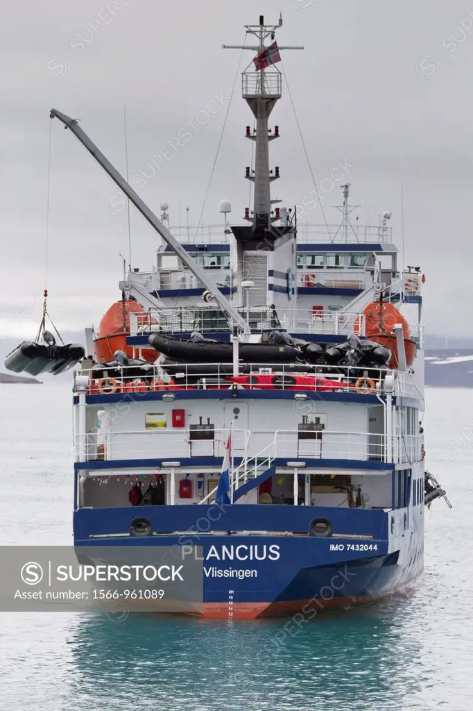 A view of the expedition ship Plancius operating in the Svalbard Archipelago, Norway