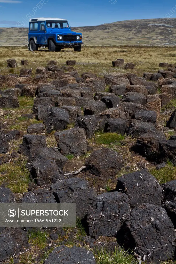 Cut peat drying for use as fuel at Long Island Farm outside Stanley in the Falkland Islands, South Atlantic Ocean