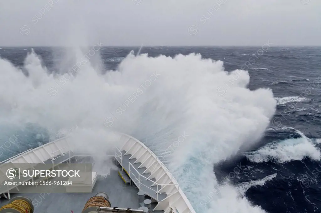 The Lindblad Expeditions ship National Geographic Explorer in a Beaufort Scale 10 storm 35 foot seas and 50+ knot winds in the Drake Passage between t...