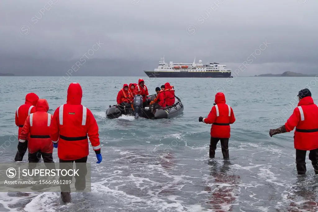 Lindblad and National Geographic Expeditions staff members conducting Zodiac landings in surf at Salisbury Plain, South Georgia Island, UK Overseas Pr...
