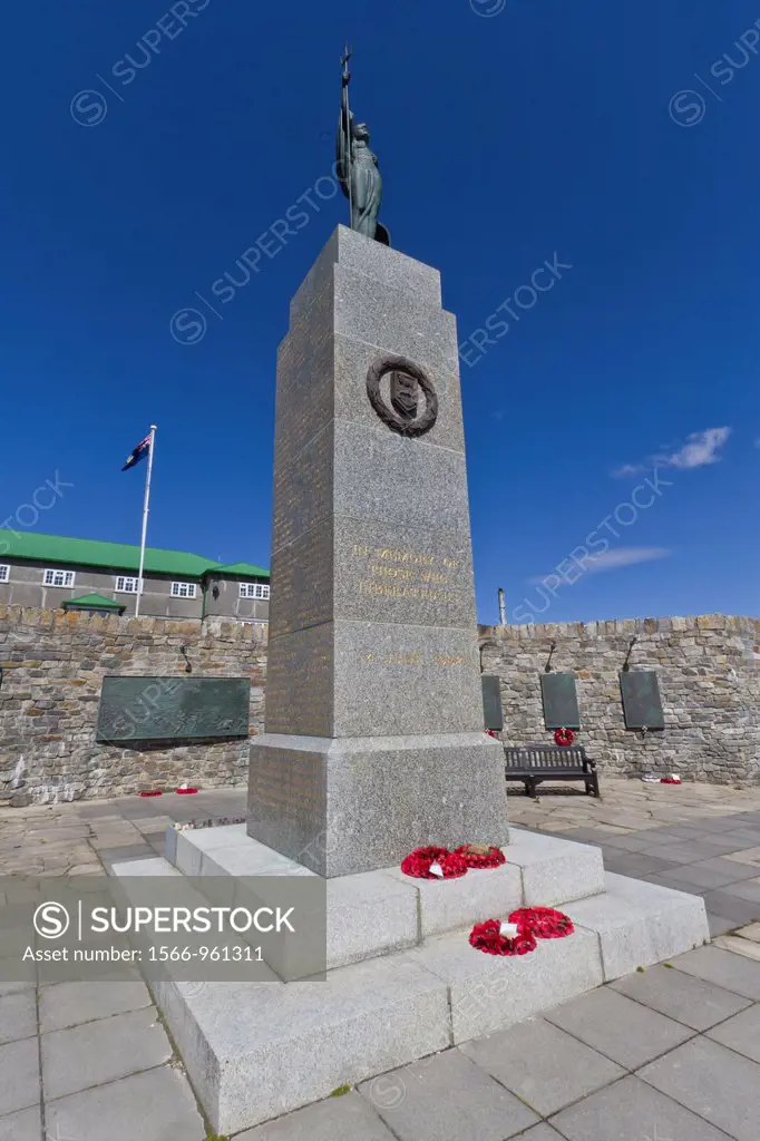 View of the 1982 Conflict Memorial in Stanley, the capital and only true city in the Falkland Islands, South Atlantic Ocean