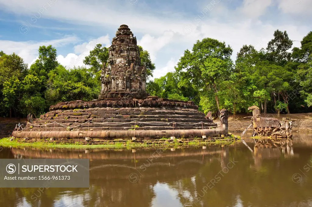 Neak Pean The entwined serpents at Angkor, is an artificial island with a Buddhist temple on a circular island in Preah Khan Baray built during the re...