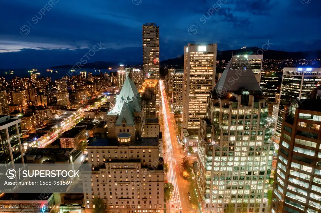 Canada, BC, Vancouver View of downtown Vancouver looking towards the west from office tower at Granville and Georgia Streets  The historic Hotel Vanco...