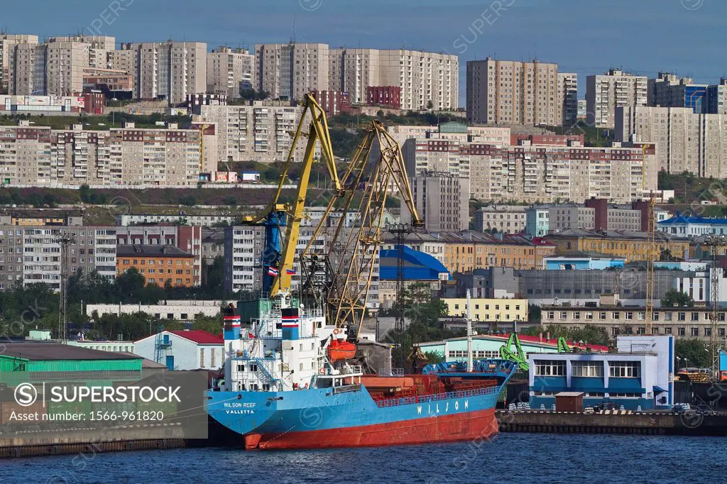 A view of the industrial and militarized Russian seaport city of Murmansk on the northern shore of the Kola Peninsula, Barents Sea, Russia