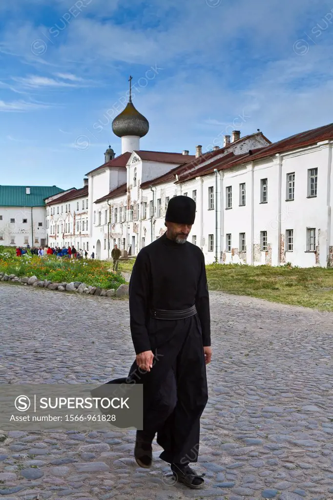 A monk from the Russian Orthodox Solovetsky Monastery founded in 1436 by 2 monks on Bolshoy Island, Solovetsky Island Group, White Sea, Russia