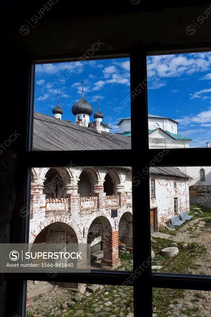 A view through the window of the Russian Orthodox Solovetsky Monastery founded in 1436 by 2 monks on Bolshoy Island, Solovetsky Island Group, White Se...