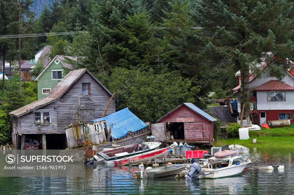 Views from the fishing town of Petersburg on Mitkof Island at high tide, Southeast Alaska, USA, Pacific Ocean
