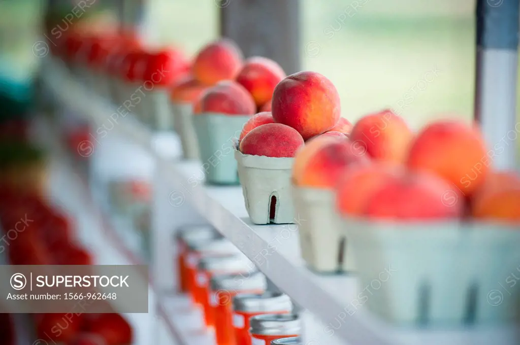 Cartons of peaches at farm stand