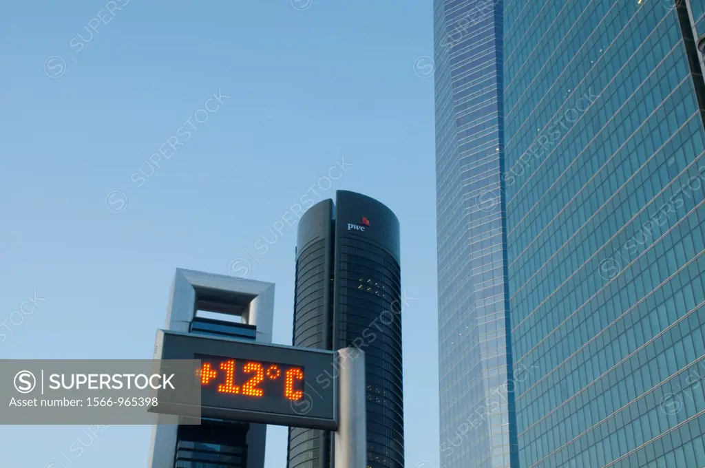 Urban thermometer and Four Towers, Paseo de la Castellana. Madrid, Spain.