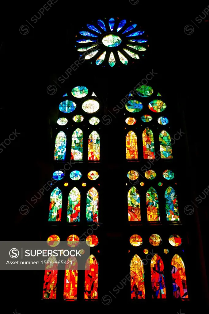 Stained glass windows  Sagrada Familia church, or Expiatory Church of the Holy Family, Barcelona, Catalonia, Spain