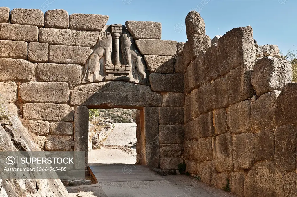 The Lion gate and main entrance to the citadel of Mycenae, Argolid, Peloponnese, Greece
