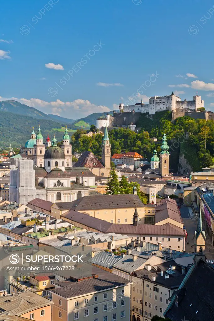 Overview of Salzburg with Salzburg Cathedral and fortress Hohensalzburg, Salzburg, Austria, Europe