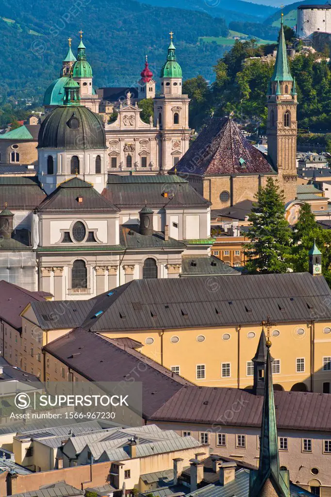 Overview of the Kollegienkirche (Kollegien church) and Salzburg Cathedral in Salzburg, Austria, Europe