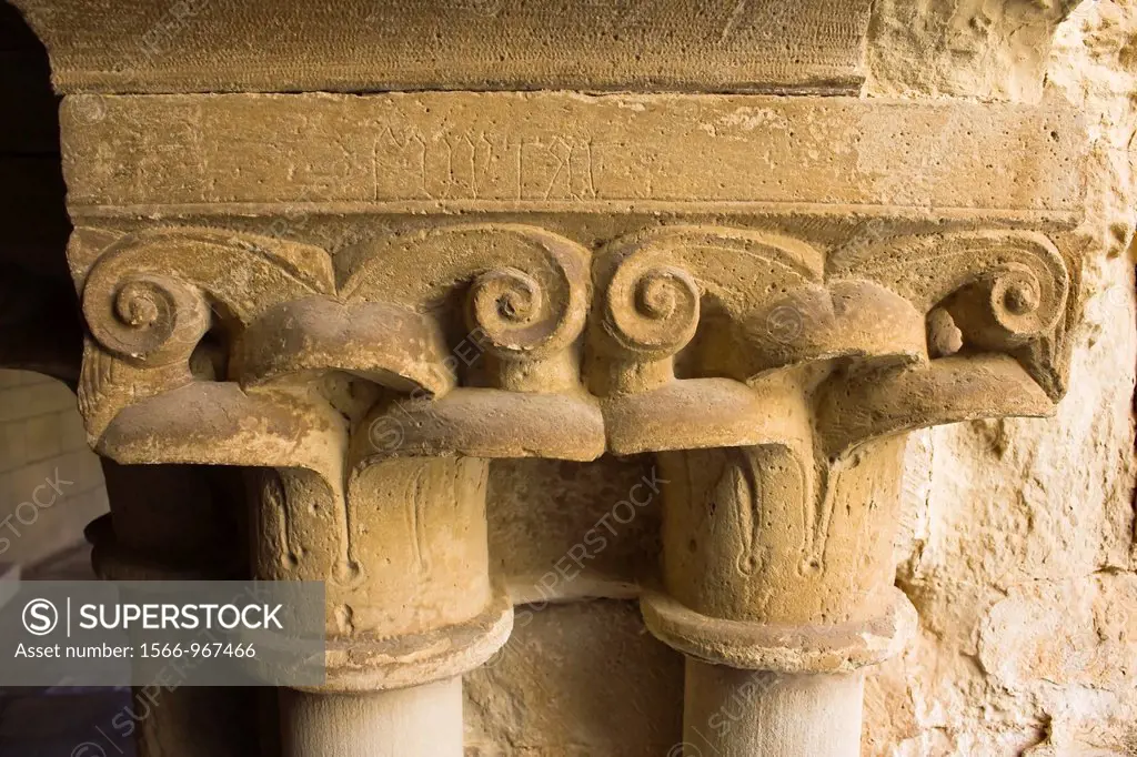 Capitals in the cloister of the Cistercian Monastery of Vallbona of them monks - Cistercian Route - Ruta del Cister - Urgell - Lleida - Catalonia - Sp...