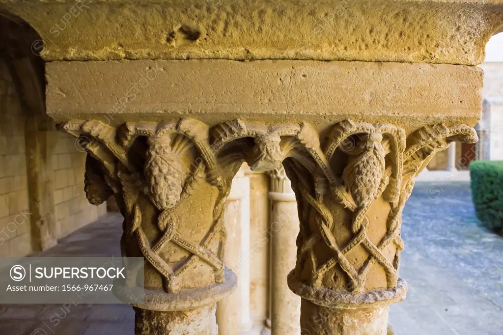 Capitals in the cloister of the Cistercian Monastery of Vallbona of them monks - Cistercian Route - Ruta del Cister - Urgell - Lleida - Catalonia - Sp...