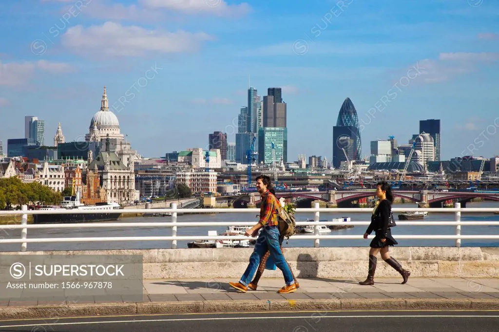 Thames River, Saint Paul Cathedral and Financial district office buildings in the City of London including The Gherkin and Tower 42 from Waterloo Brid...