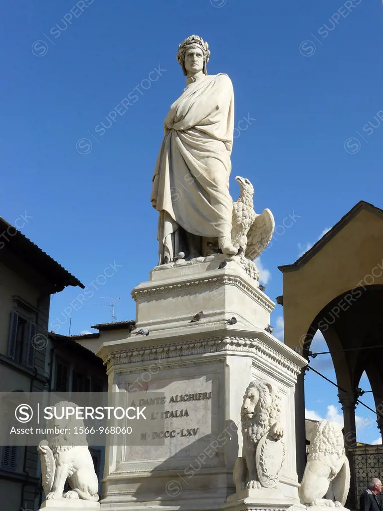Florence Italy Sculpture of Dante next to the church Santa Croce in Florence