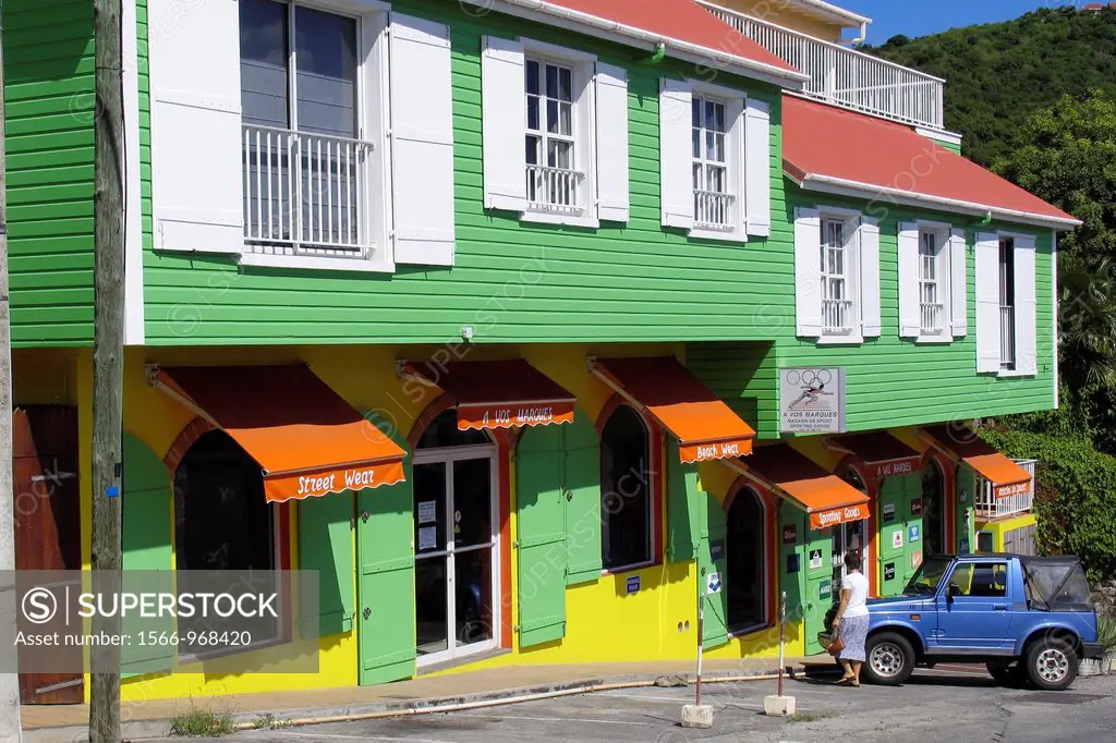 Brightly coloured shops and awnings Gustavia St Barts