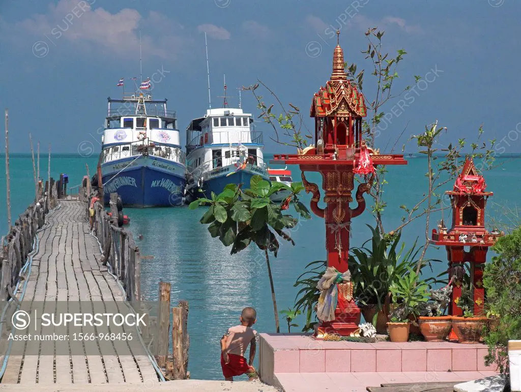 Spirit houses at Big Buddha Pier Samui island ferry gateway to nearby island Ko Pha Ngan Thailand