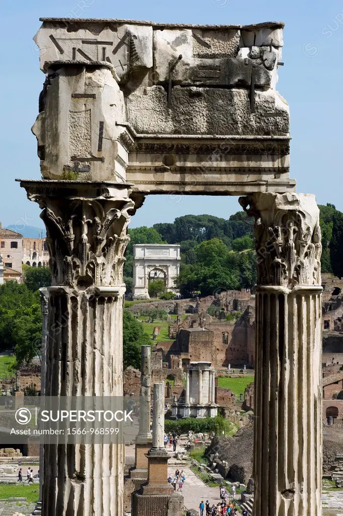 The Remains of the Temple of Vespasian and Titus in the Roman Forum, Rome, Latium, Italy