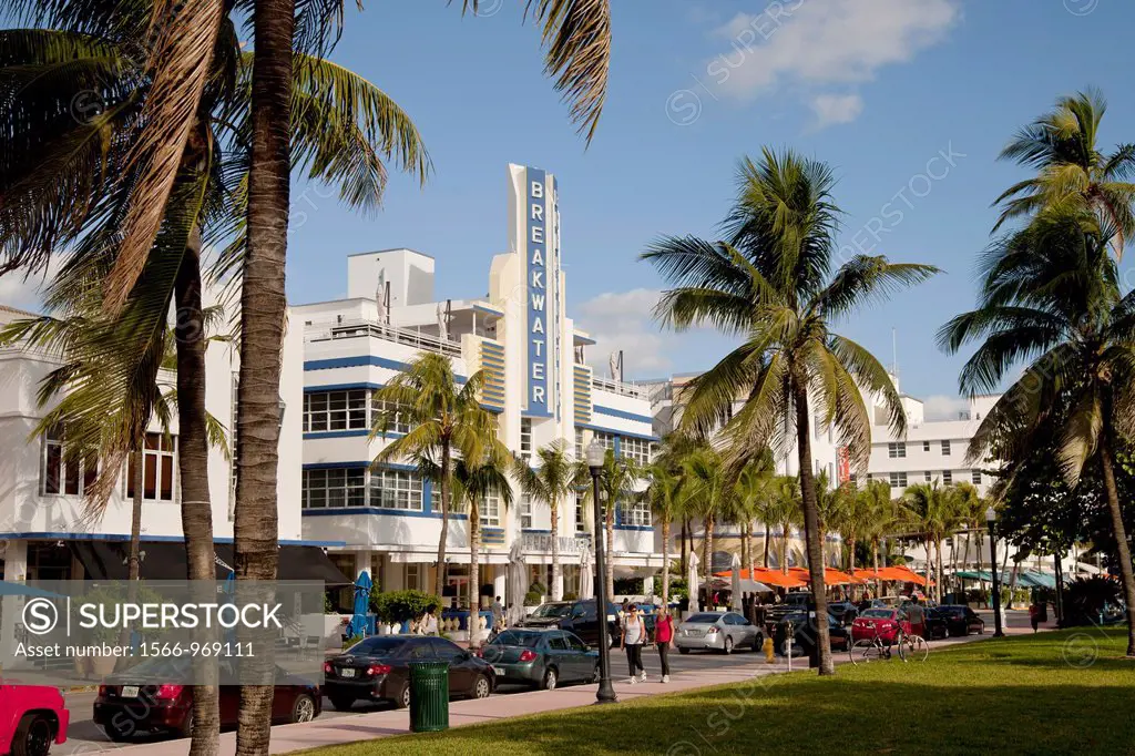 Breakwater Art Deco Hotel at famous Ocean Drive in South Beach, Miami Beach, Florida, USA