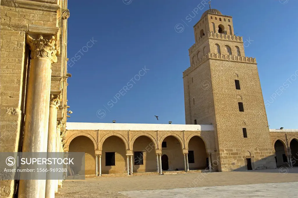 Courtyard and minaret ninth century Great Mosque in Kairouan Tunisia the oldest mosque in north Africa