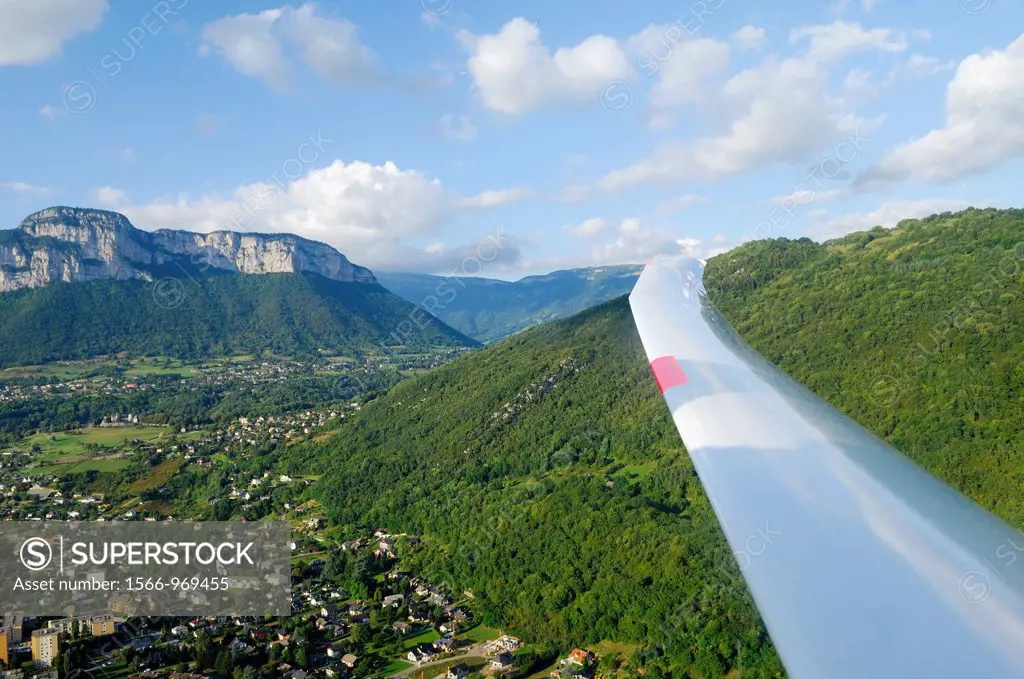 Aerial view of Mount Peney viewed from a glider plane, Challes les eaux, Savoy Savoie, Rhone-Alpes region, French Alps, France