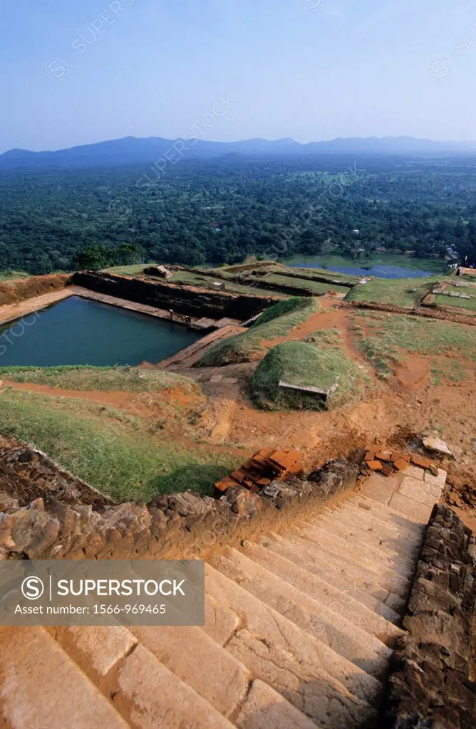 Summit view of old royal palace vestiges with king´s swimming pool, Sigiriya Lion´s rock fortress, Sri Lanka