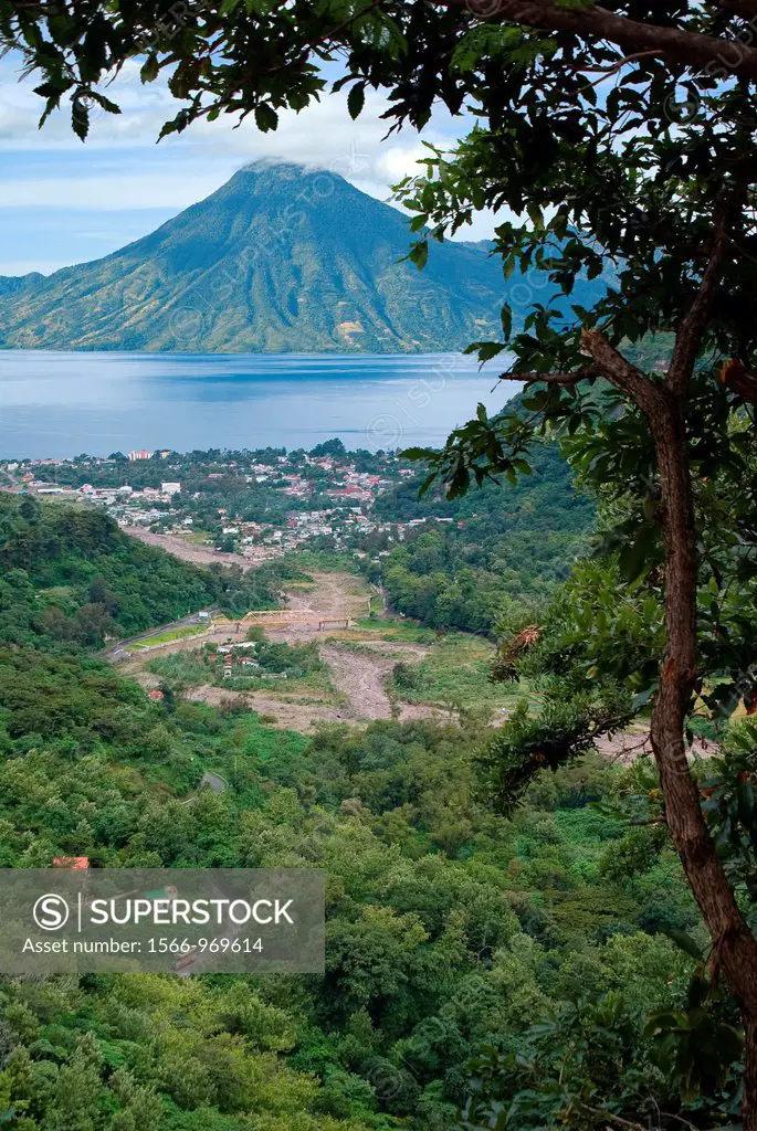 View of Panajachel on the shores of Lake Atitlán, with volcano San Pedro in the background. Sololá, Guatemala