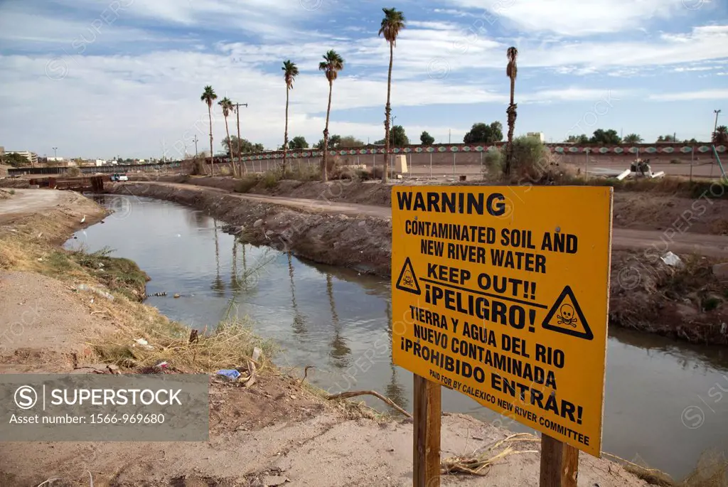 Calexico, California - The heavily-polluted New River, as it enters the USA from Mexico  The pollution results from a mix of untreated sewage, agricul...