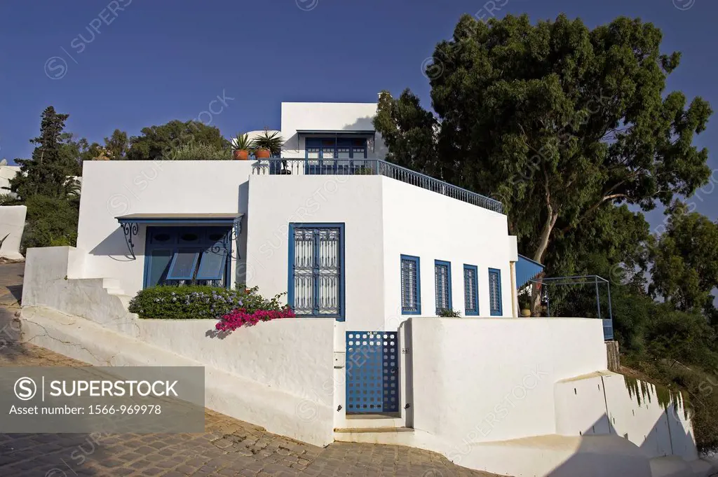 Whitewashed home with blue trim and lilac bougainvillea Sidi Bou Said village Tunisia