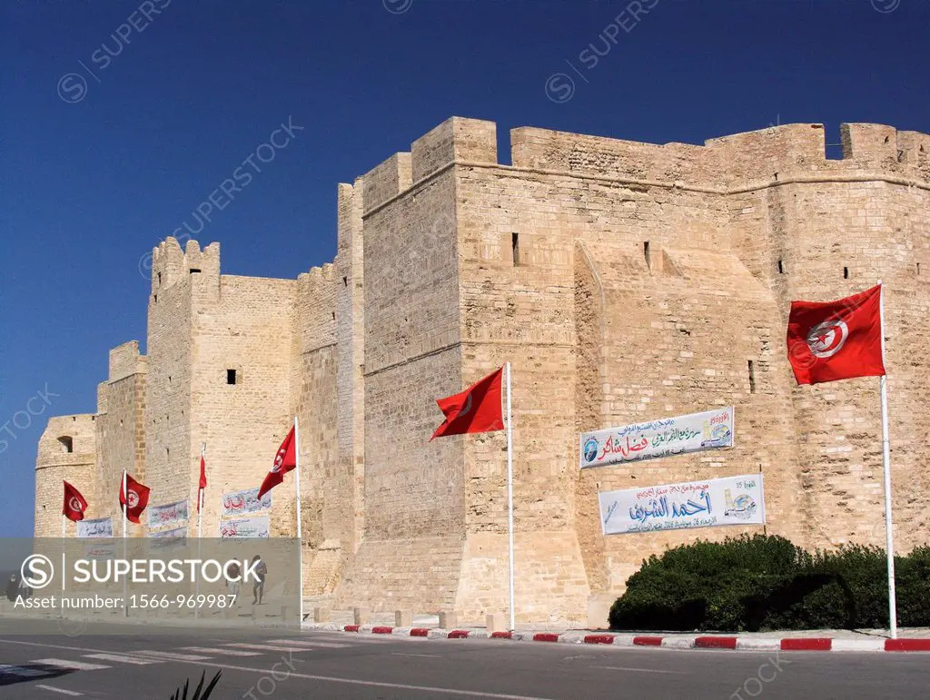 National flags and Arabic posters at the ribat or fort Monastir Tunisia