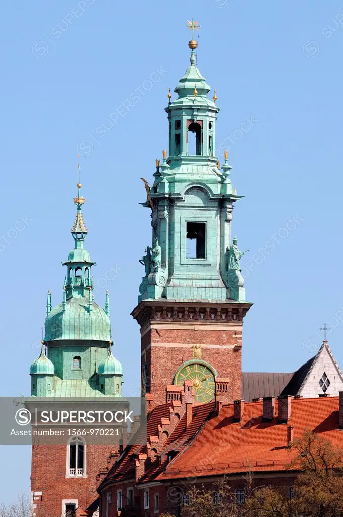 Wawel architectural complex with Wawel Cathedral turrets in Cracow, Poland