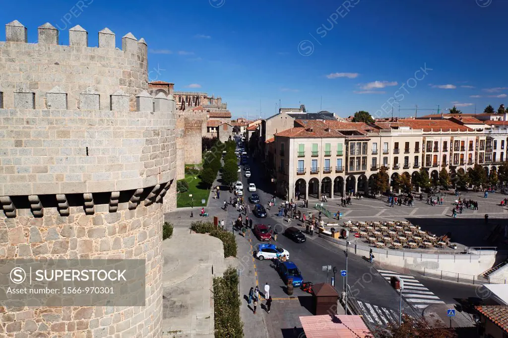 Spain, Castilla y Leon Region, Avila Province, Avila, Plaza Santa Teresa elevated view from Las Murallas town walls