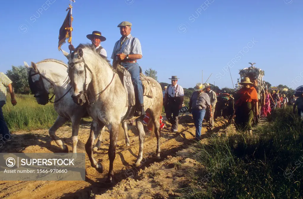 Pilgrims near Doñana Palace,Romeria del Rocio, pilgrims on their way through the Doñana National Park, pilgrimage of Sanlúcar de Barrameda brotherhood...