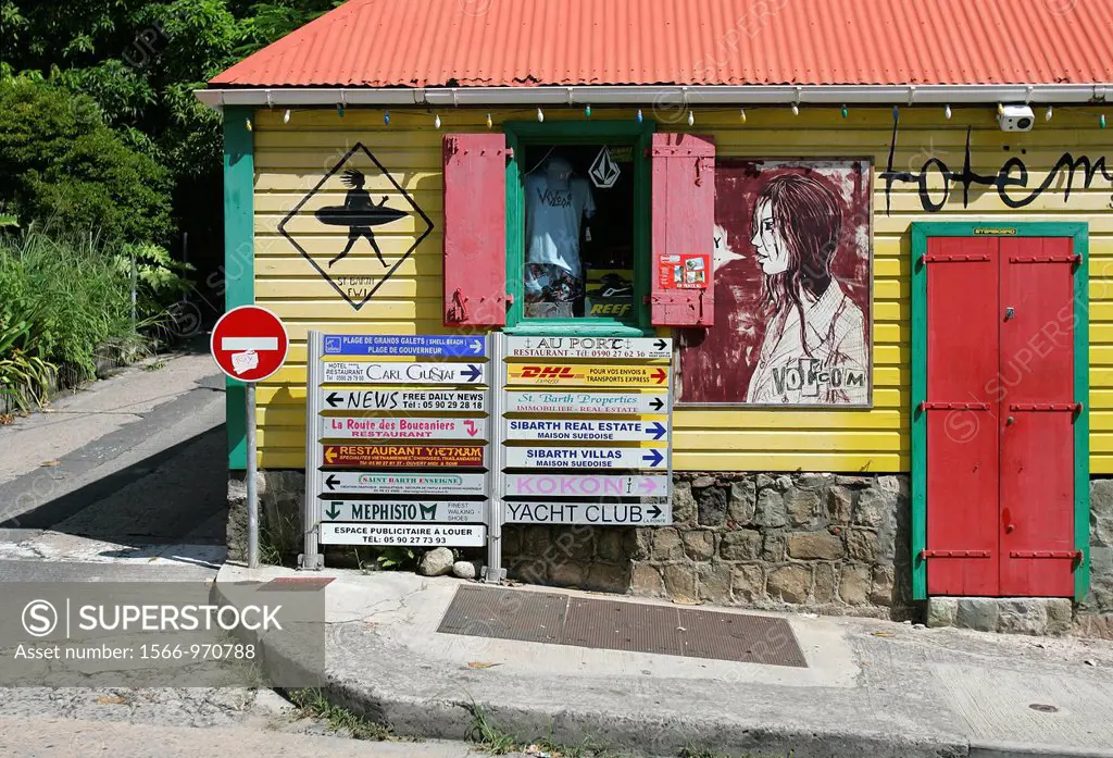Brightly coloured wooden surf shop Gustavia St Barts