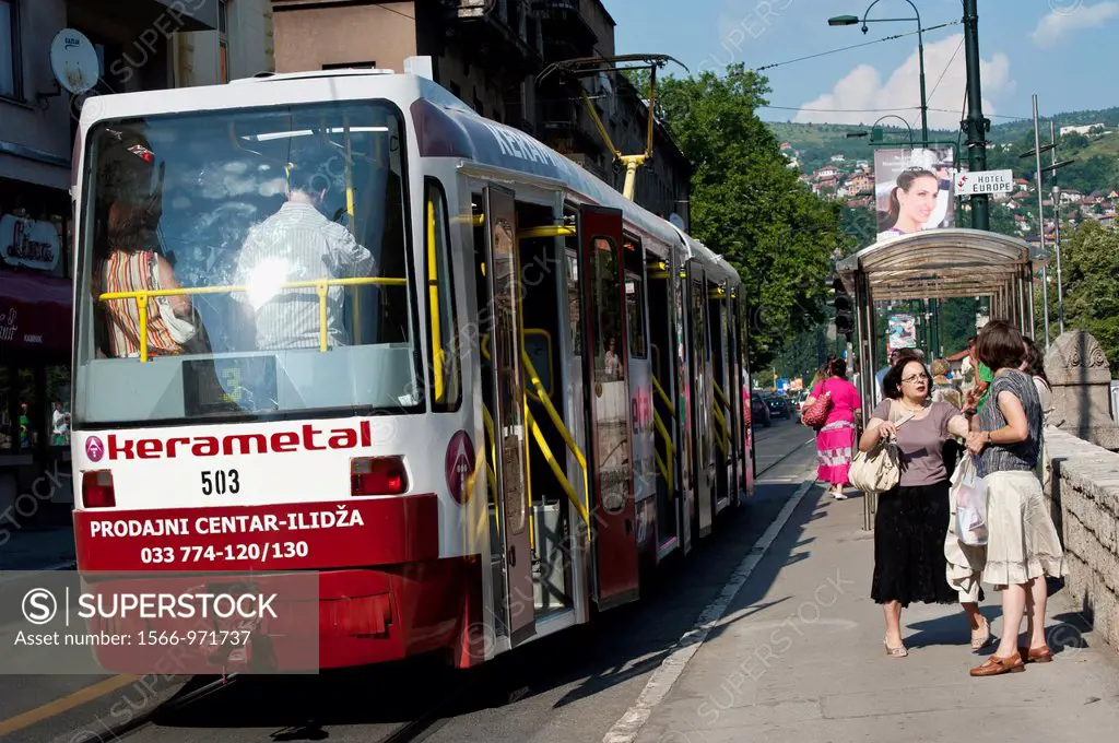 Women waiting in a tram stop at Obala Kulina Bana street Sarajevo Bosnia- Herzegovina  Balkans Europe