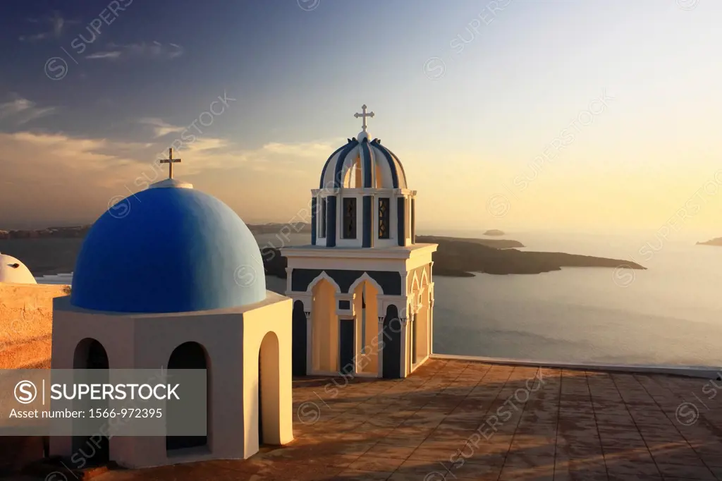 Churches at Sunset, Firostefani, Santorini, Cyclades, Greece