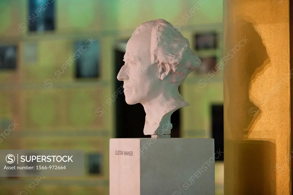 Bust of composer Gustav Mahler, who was the director of the Vienna Staatsoper State Opera for ten years 1897 to 1907, in the new Museum of the State O...